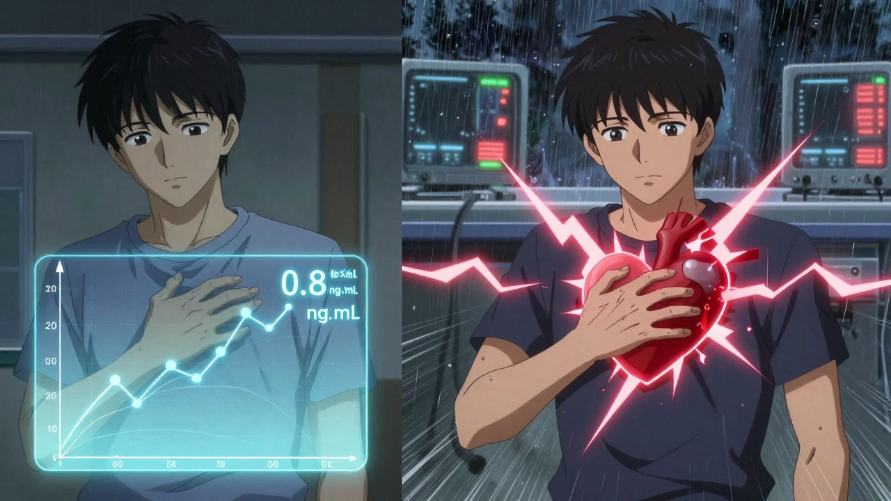 Patient experiencing digoxin toxicity after switching generics, with spiked blood levels and heart attack symptoms.