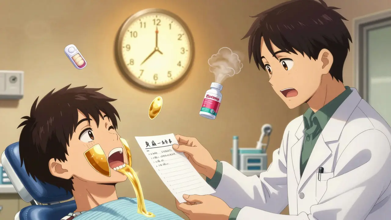 Patient giving doctor medication list as golden saliva streams protect teeth, xylitol gum and humidifier floating nearby.