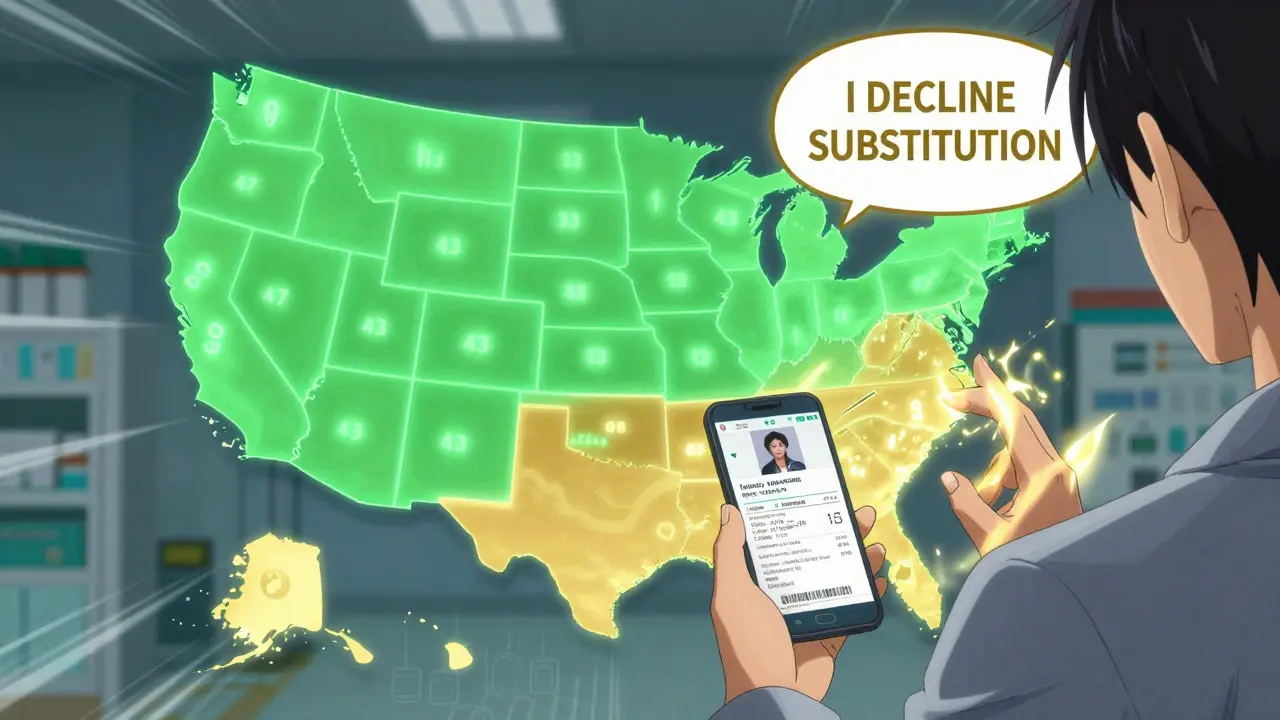 Patient holding medication label next to U.S. map showing states where refusal rights are protected.