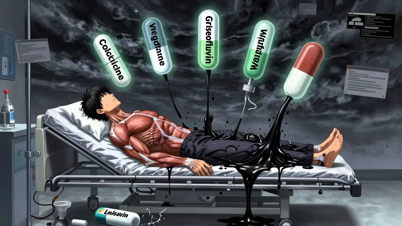 Patient on gurney as muscles dissolve into sludge, five deadly drug names float like cursed symbols.