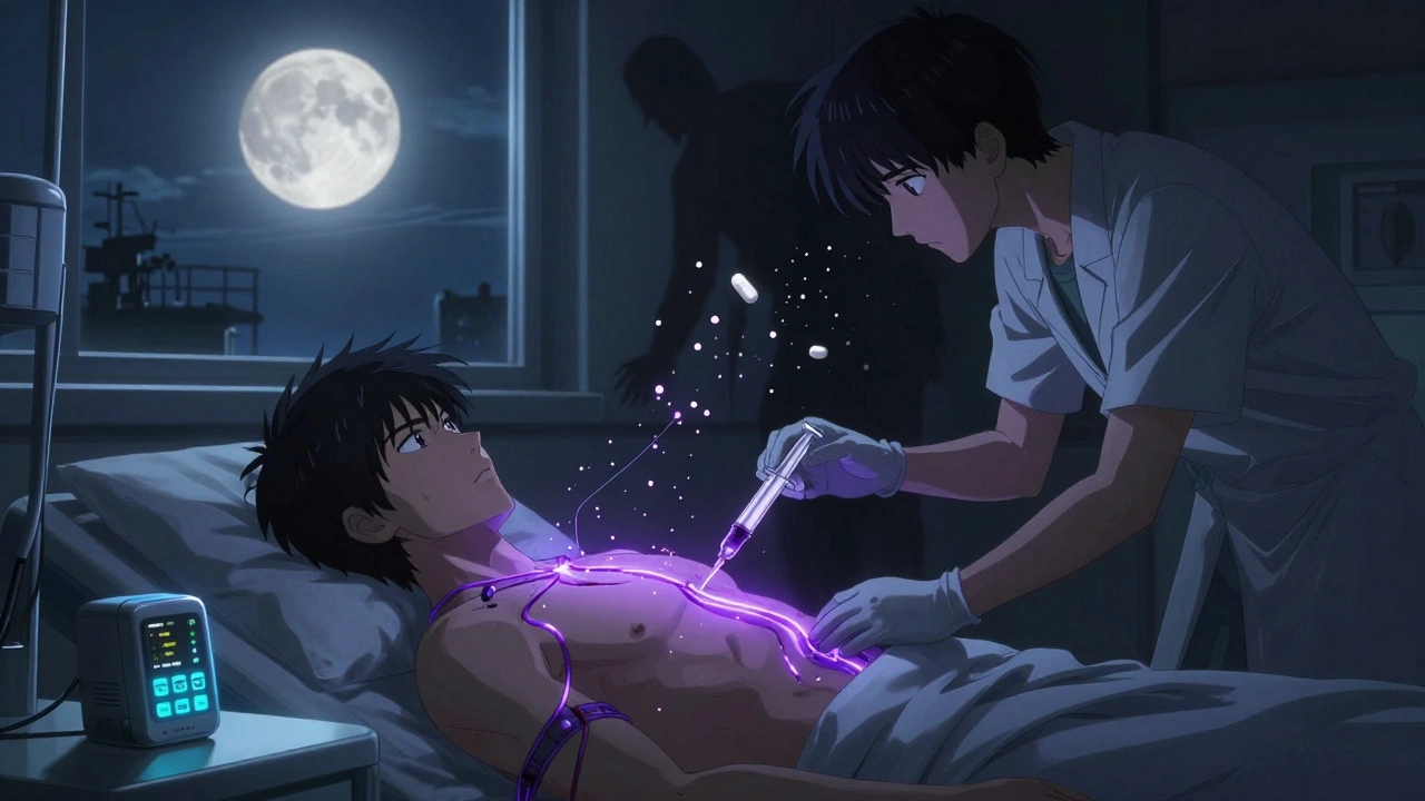 Patient receiving a biologic injection at night, glowing antibodies entering their body.