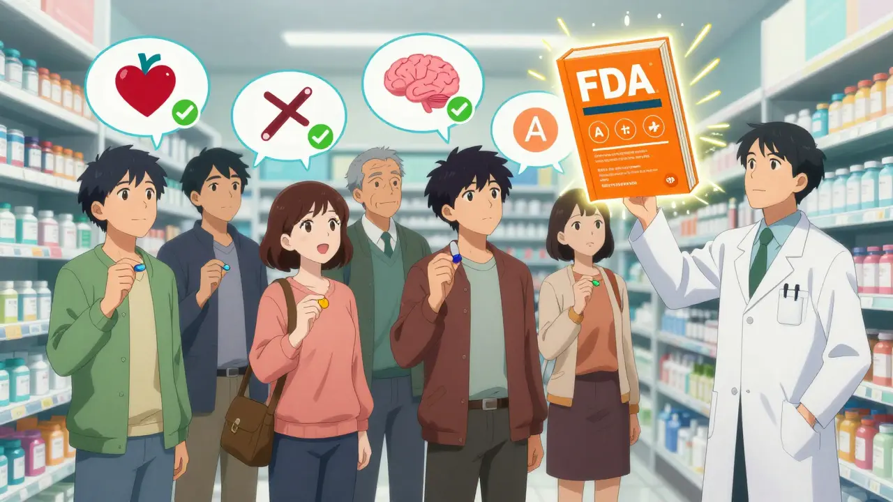Patients in a pharmacy holding generic pills, with medical icons and an FDA Orange Book glowing above.