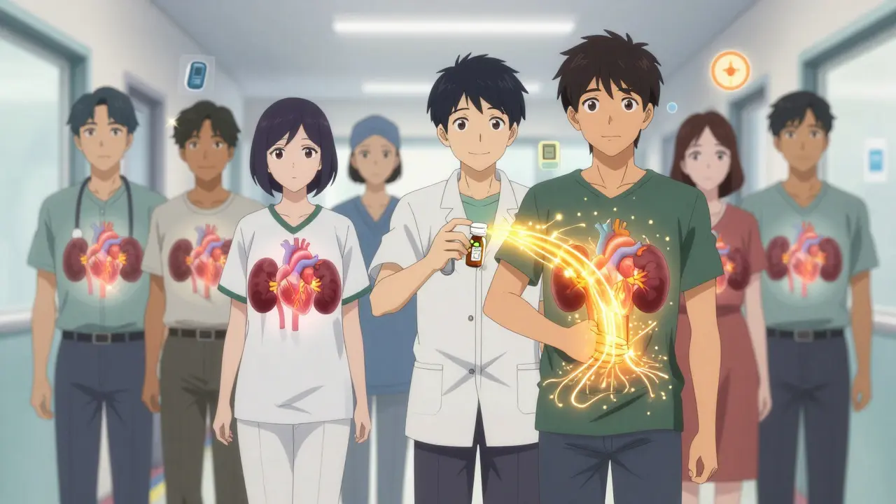 Patients with translucent healthy organs glowing as a pill emits protective energy.