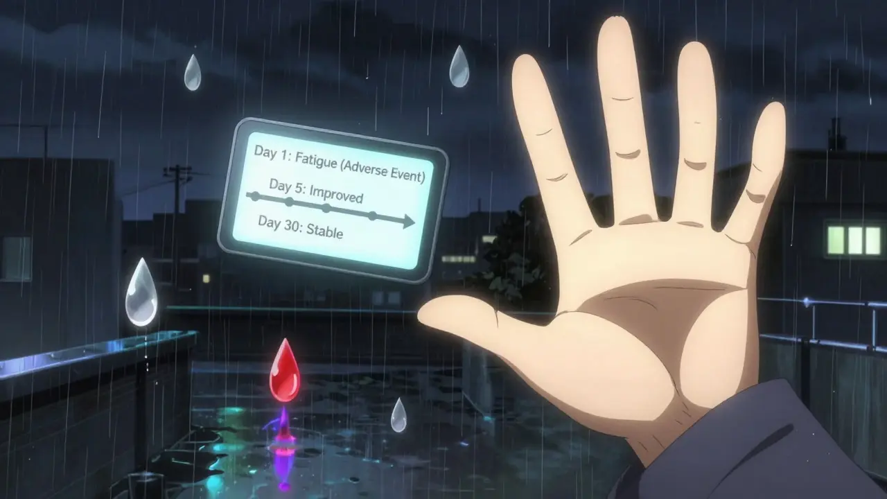 Person hesitating to discard medication as future self reaches to stop them