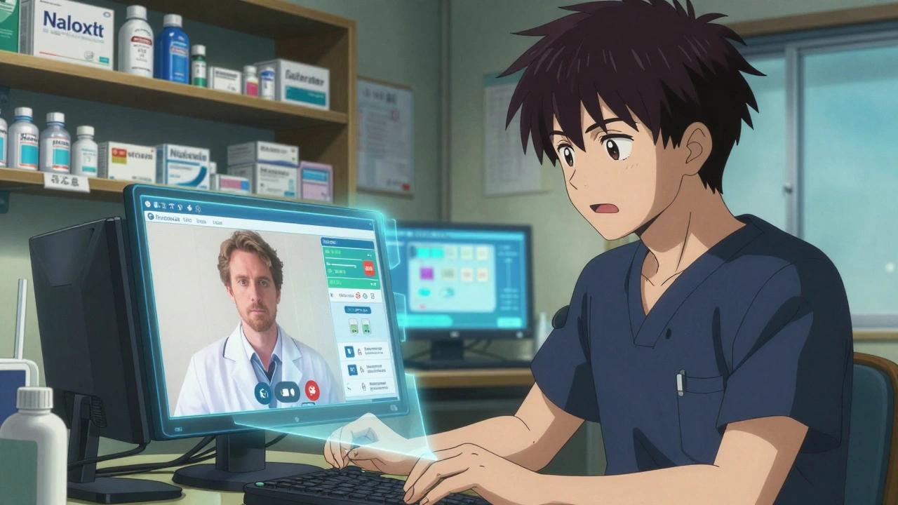 Pharmacist and physician collaborating via video call on a patient care protocol.