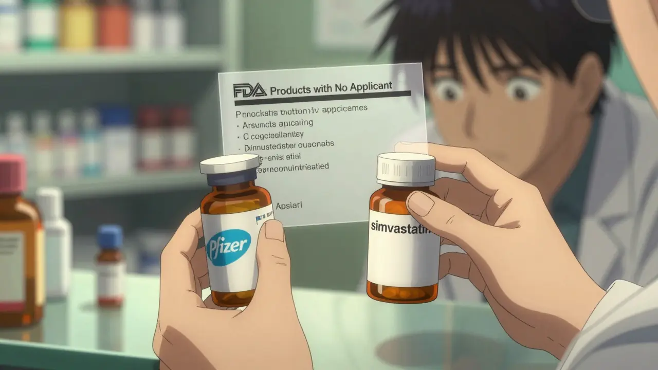 Pharmacist comparing two pill bottles with an FDA list floating beside them.