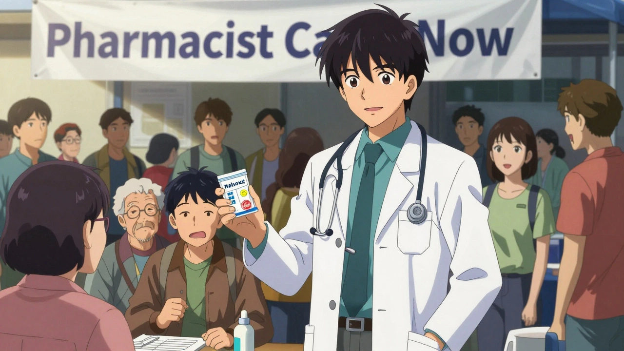 Pharmacist distributing naloxone kits at a community health event with a diverse crowd.