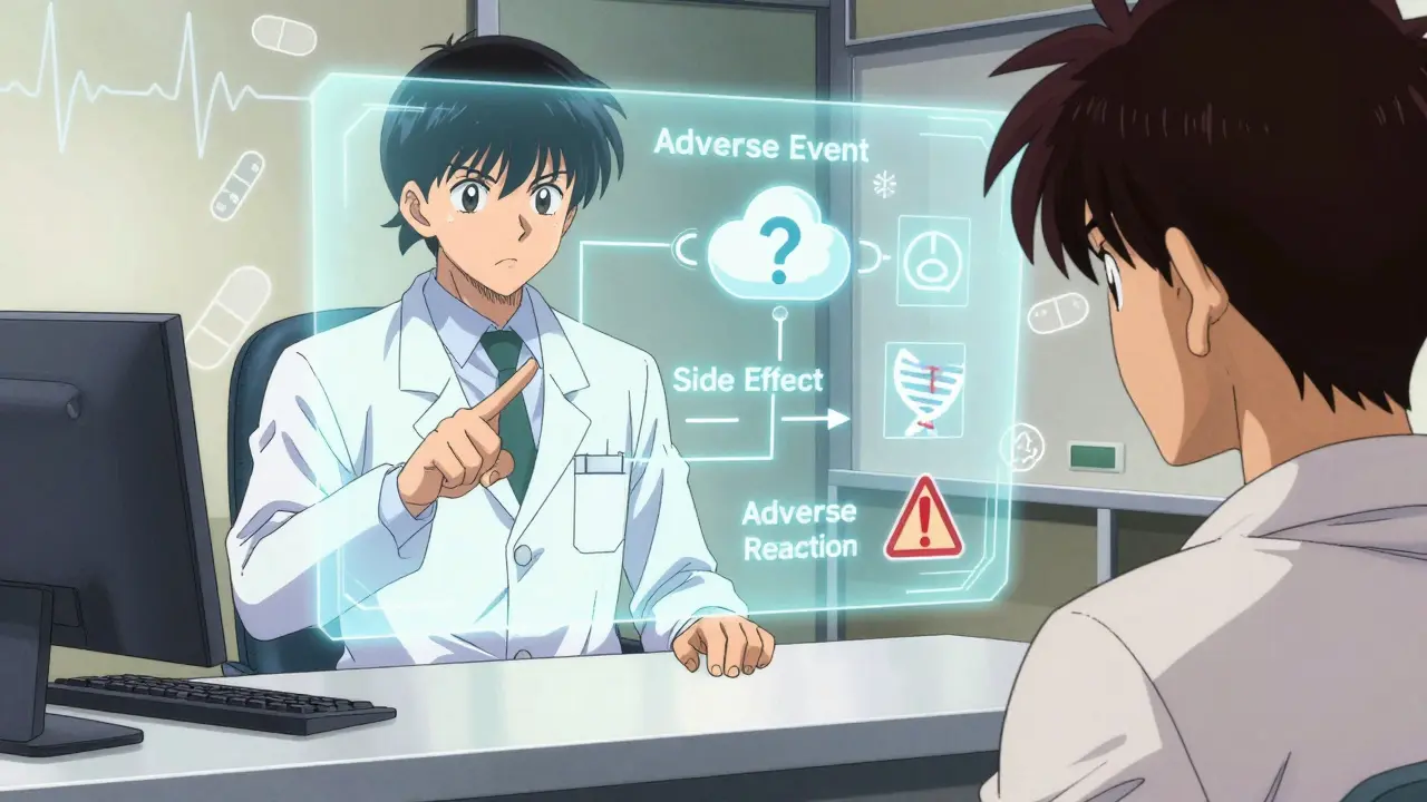 Pharmacist explaining drug reaction flowchart to patient in clinic