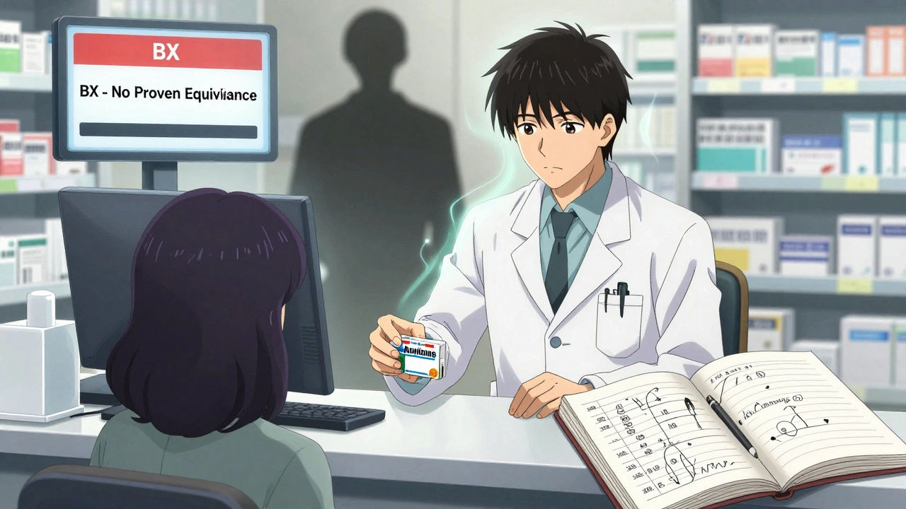 Pharmacist handing brand medication as warning screen glows in background