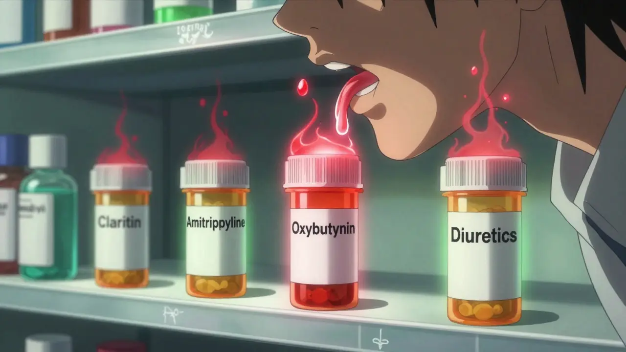 Pharmacy shelf with glowing meds emitting red energy drains from a mouth silhouette, safer alternatives glowing green.