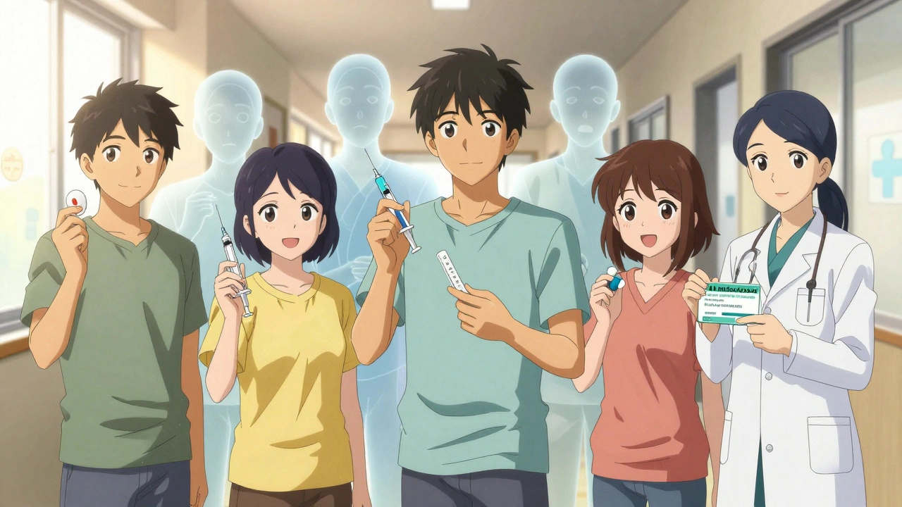 RA patients holding different medications, with biosimilar versions shimmering behind them in a clinic.