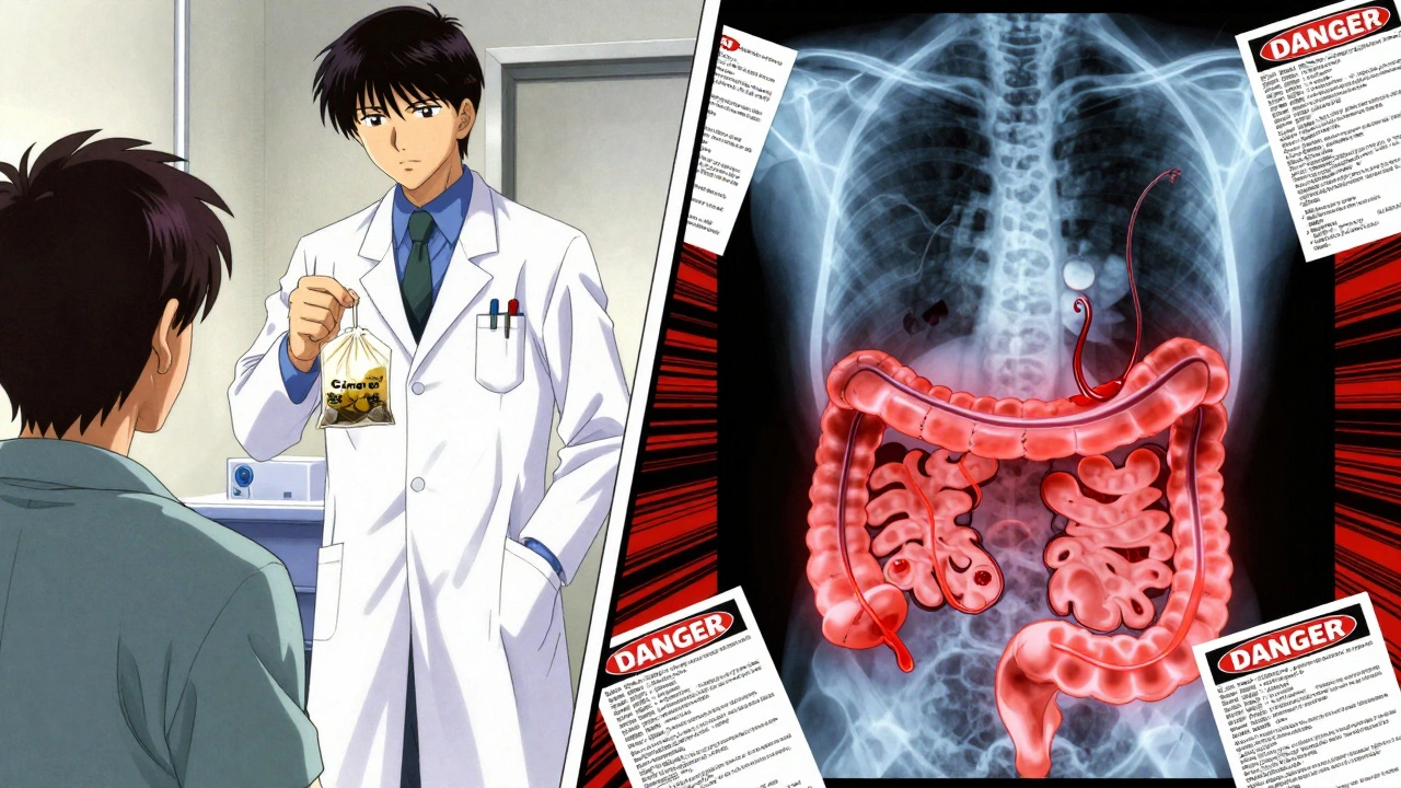 Split scene: doctor ignoring herbal tea while X-ray reveals internal bleeding from blood thinner interaction.