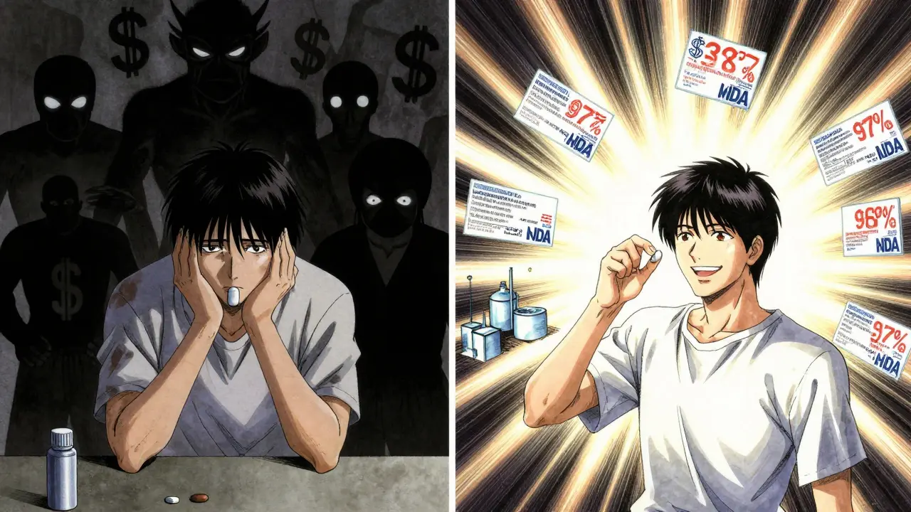 Split scene: patient hesitating with brand pill vs. taking generic with savings data and factories visible.