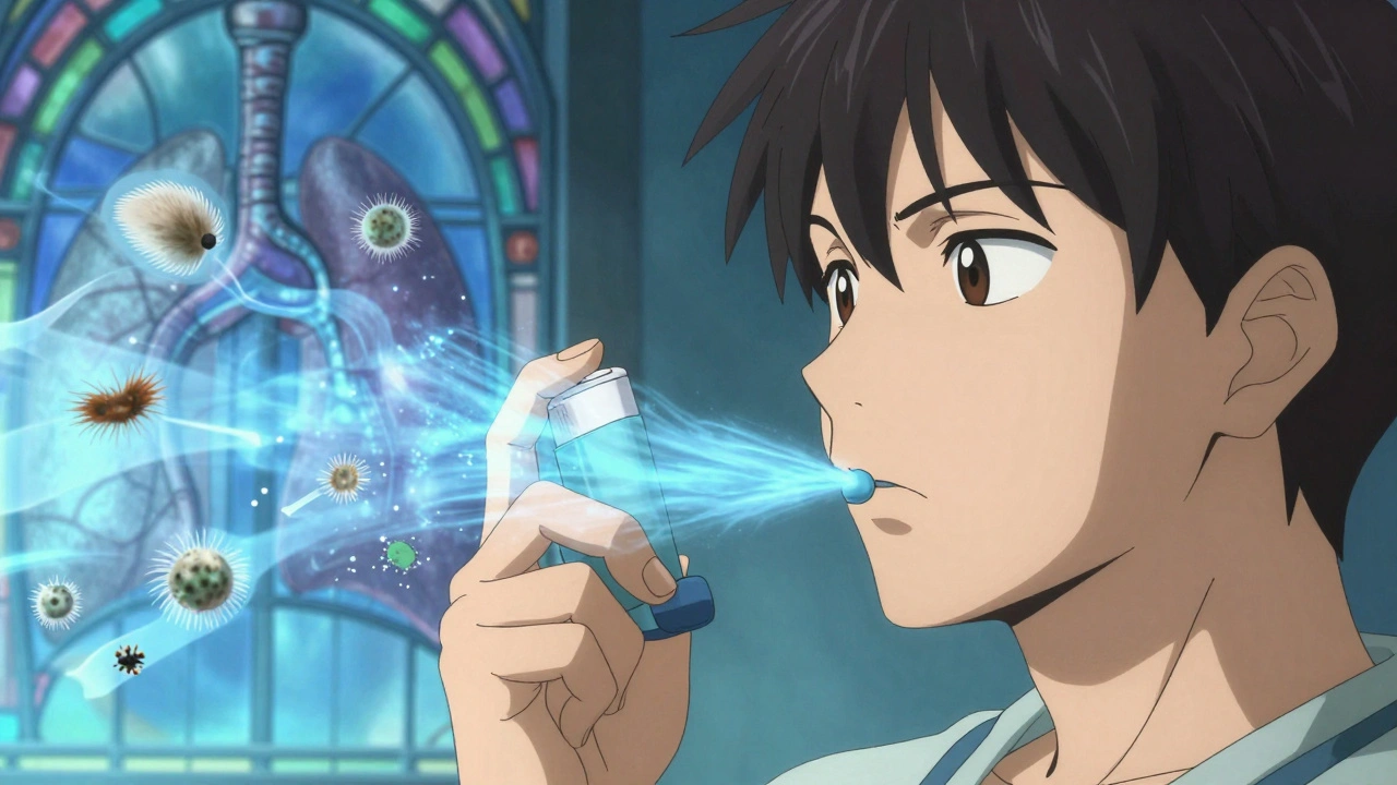 Teen using an inhaler with a spacer, medicinal particles flowing into their lungs.