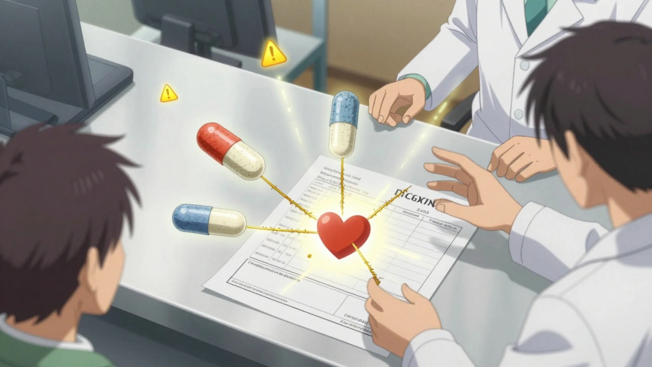 Three different generic digoxin tablets floating above a prescription, one connection breaking as a pharmacist reacts.
