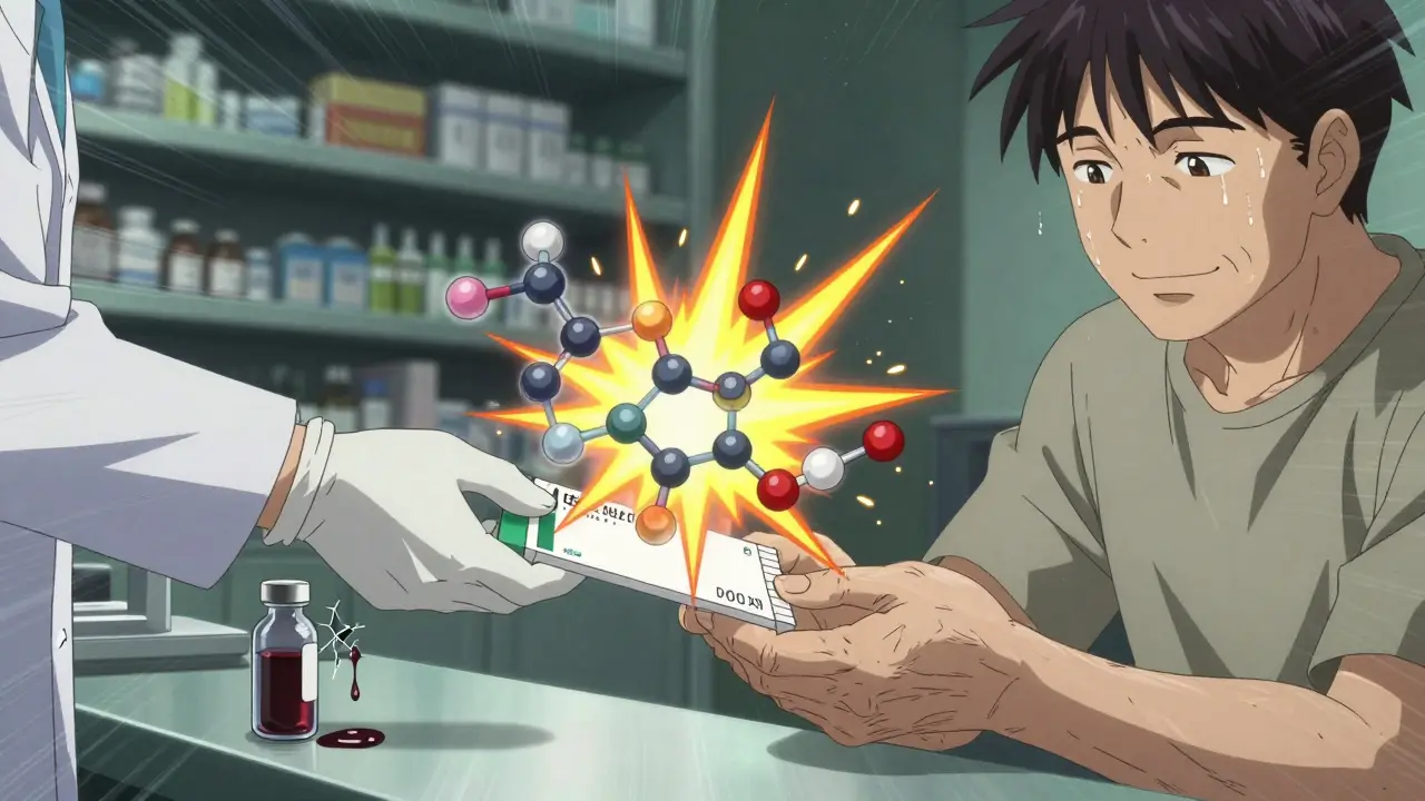 Two hands exchange prescription as molecular clash glows between tizanidine and ciprofloxacin.