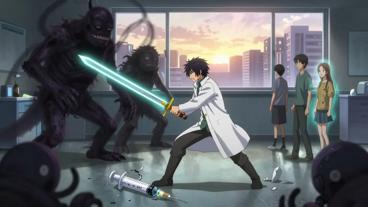 Warrior in lab coat defeats heart and kidney disease monsters with a glowing pill sword.