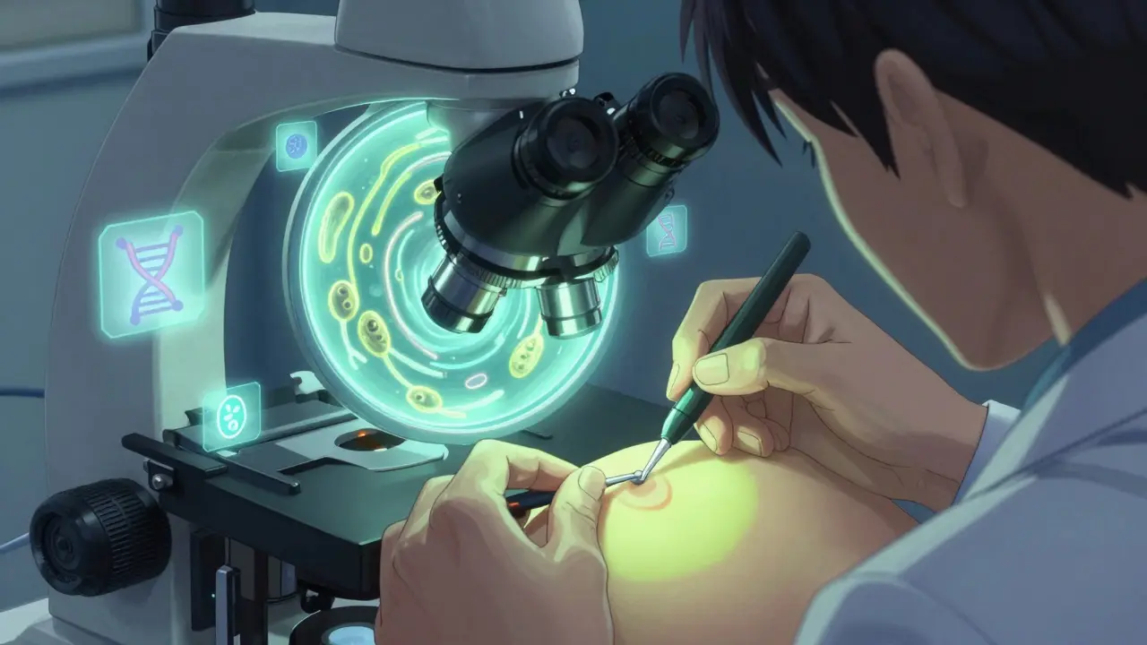 A dermatologist uses a Wood’s lamp and microscope to diagnose tinea versicolor on a patient’s shoulder.