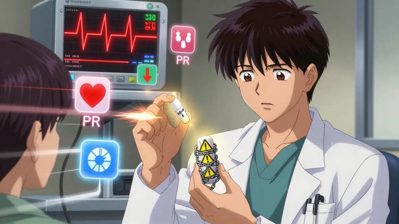 A doctor holding two pills—one safe, one risky—with a patient’s ECG alarm flashing red in the background.