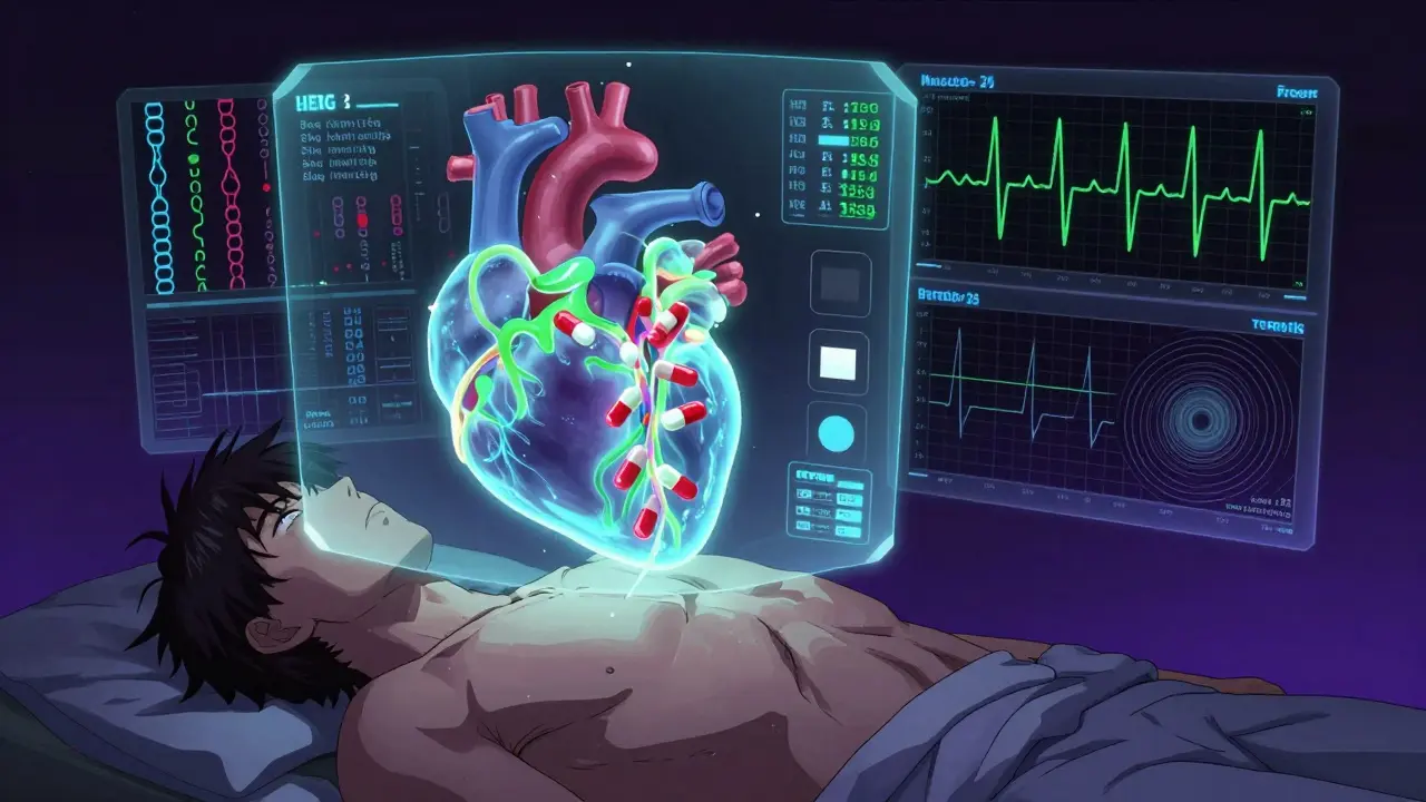 A holographic heart with AI-projected ion channels and genetic variants, showing dangerous drug interactions.
