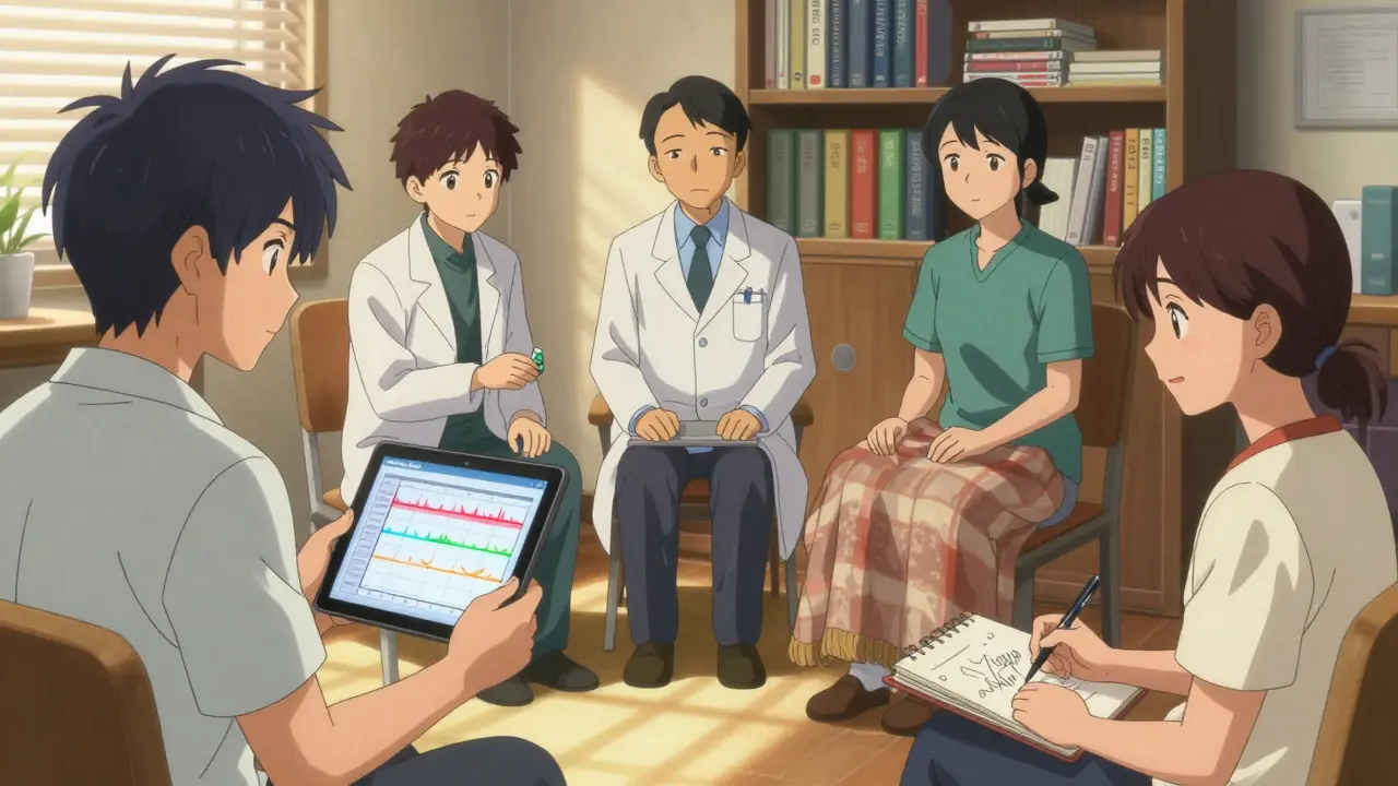 A multidisciplinary team supporting a patient with integrated care in a warm, collaborative environment.