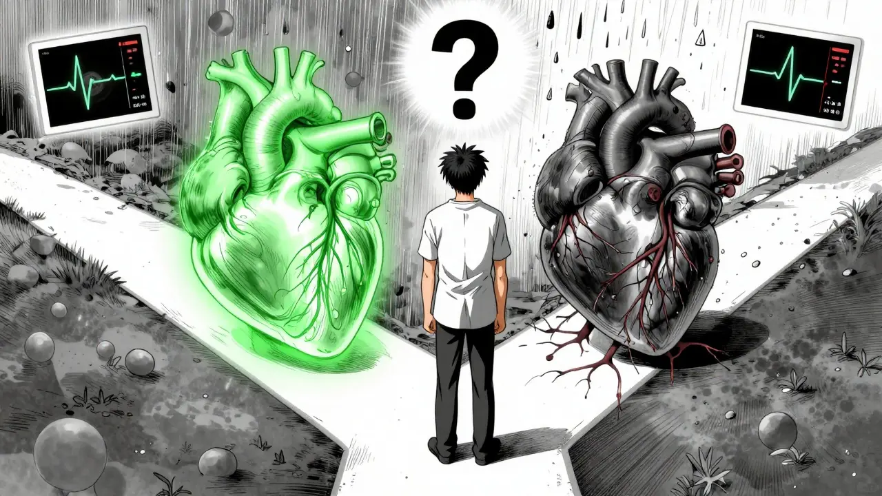 A patient at a crossroads: one path leads to a healthy heart with amlodipine, the other to a damaged heart with verapamil.