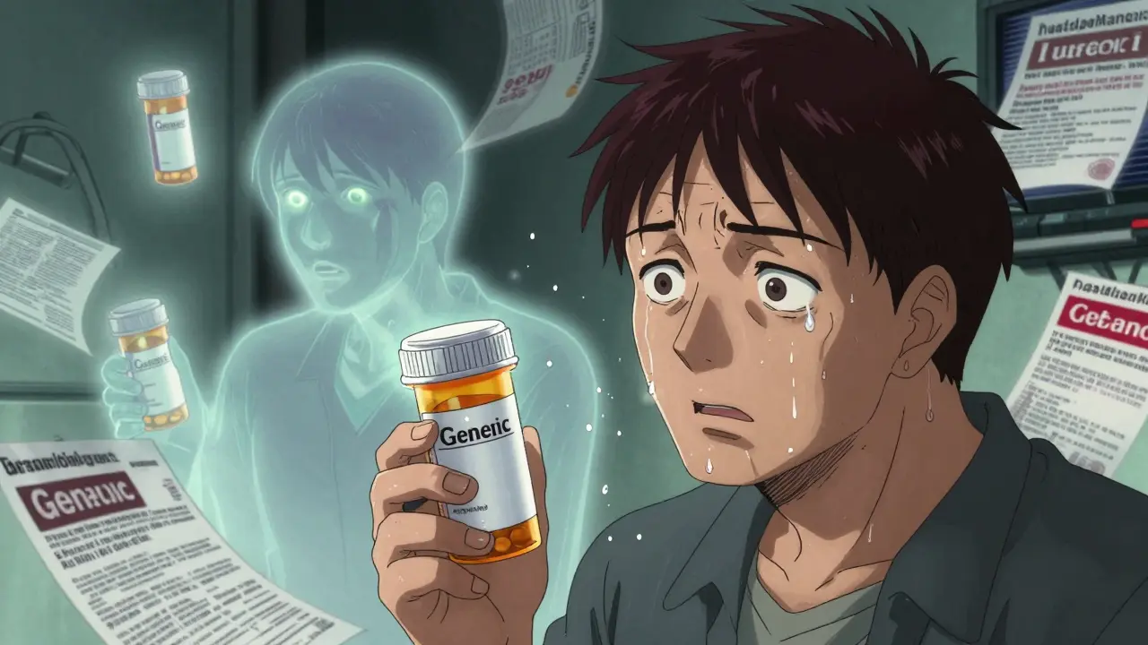 A patient staring at a generic pill bottle with anxious expressions, ghostly images of the brand-name version shimmering behind them.