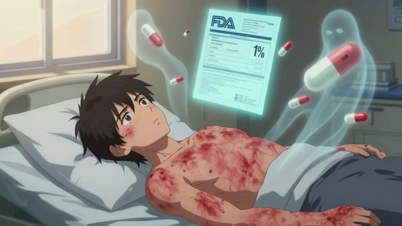 A patient with skin rash surrounded by ghostly images of contaminated pills from overseas factories.