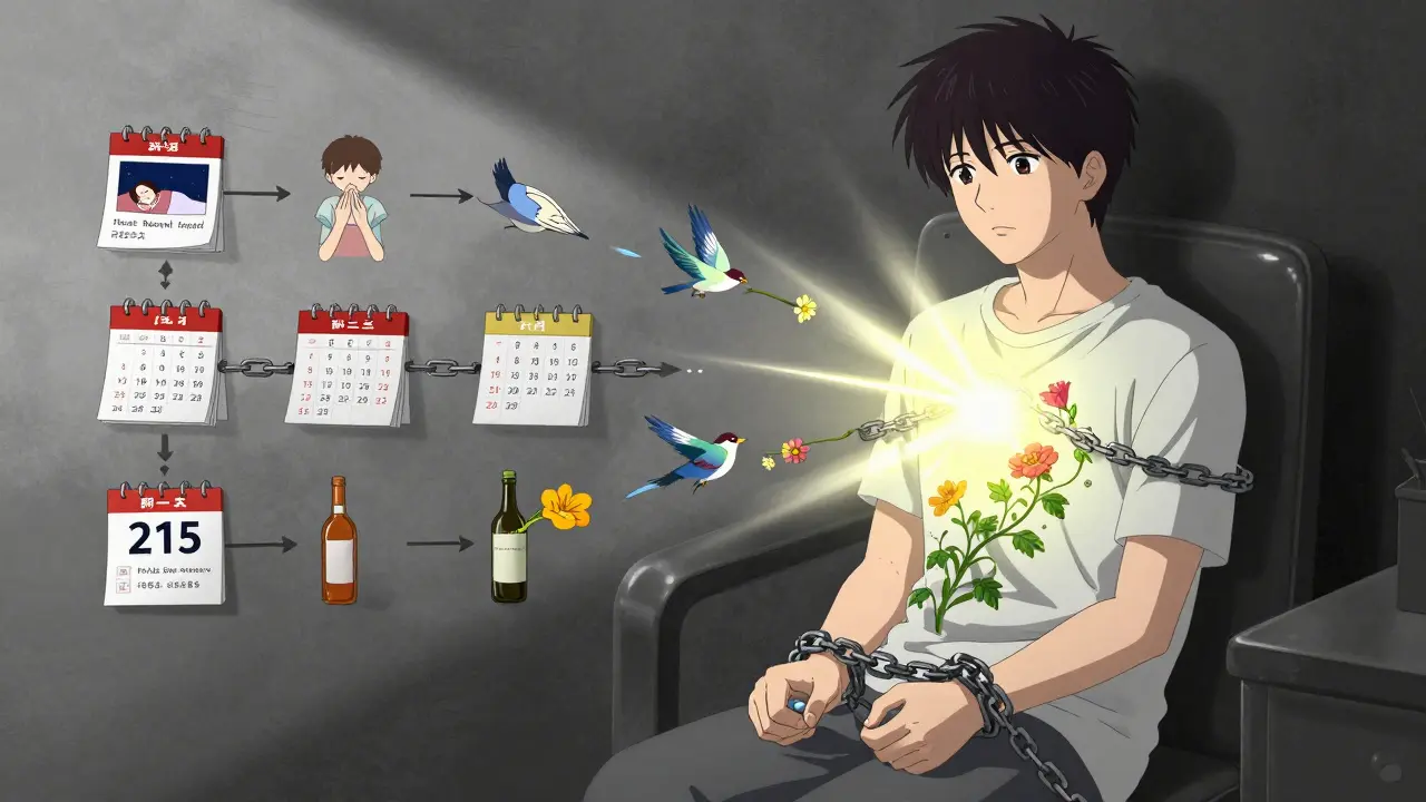 A person breaking free from chains of addiction and mental illness, transformed into symbols of recovery and hope.