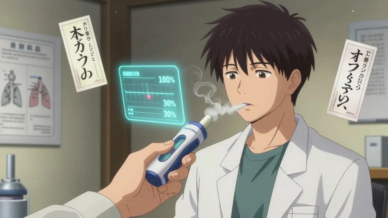 A pharmacist administering a caffeine breath test with a holographic enzyme readout.