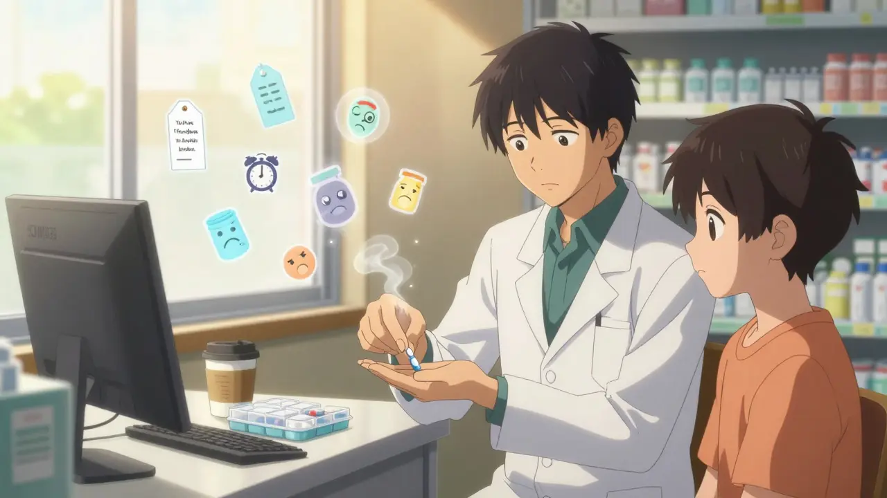 A pharmacist handing a single pill to a patient as chaotic medication symbols fade away in golden light.