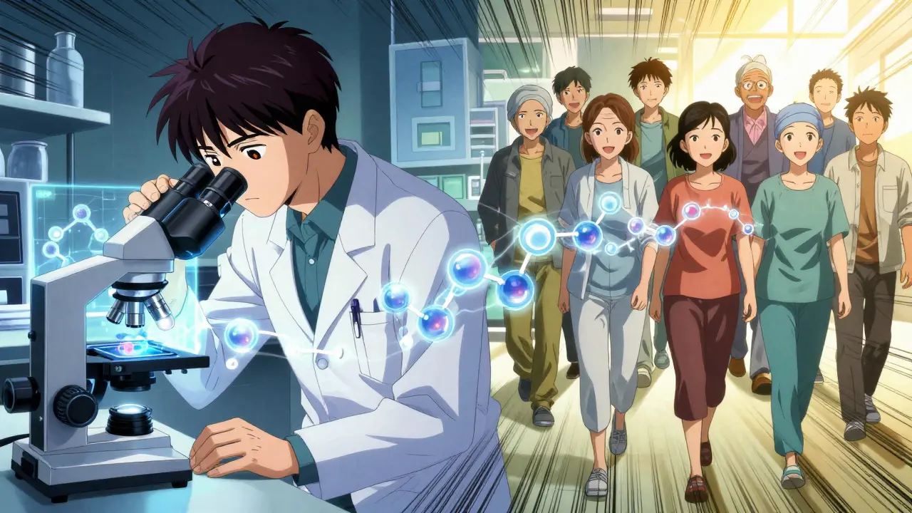 A scientist in a lab and diverse patients in sunlight connected by identical biological structures.