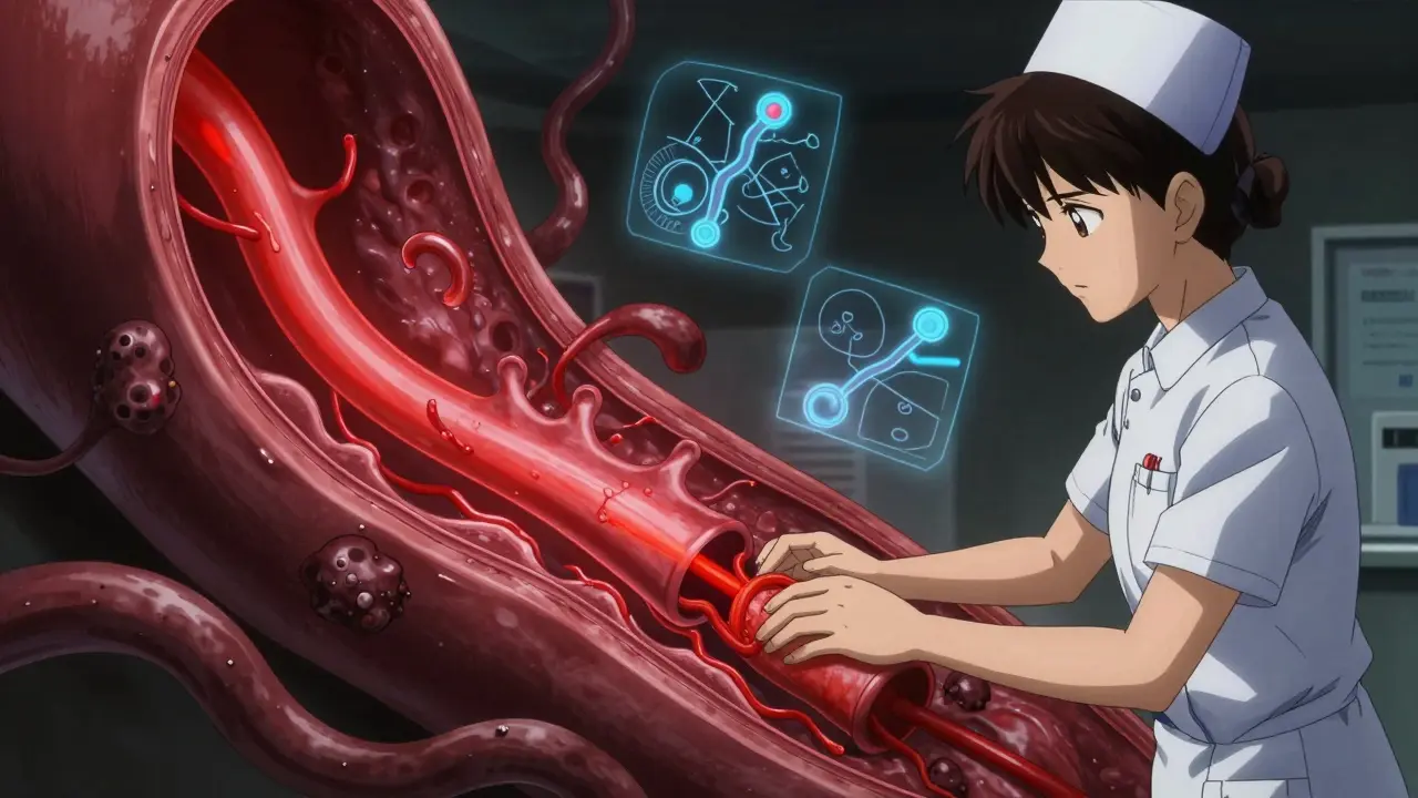 A synthetic graft connecting artery and vein, with clot shadows creeping along the tube as a nurse checks it.