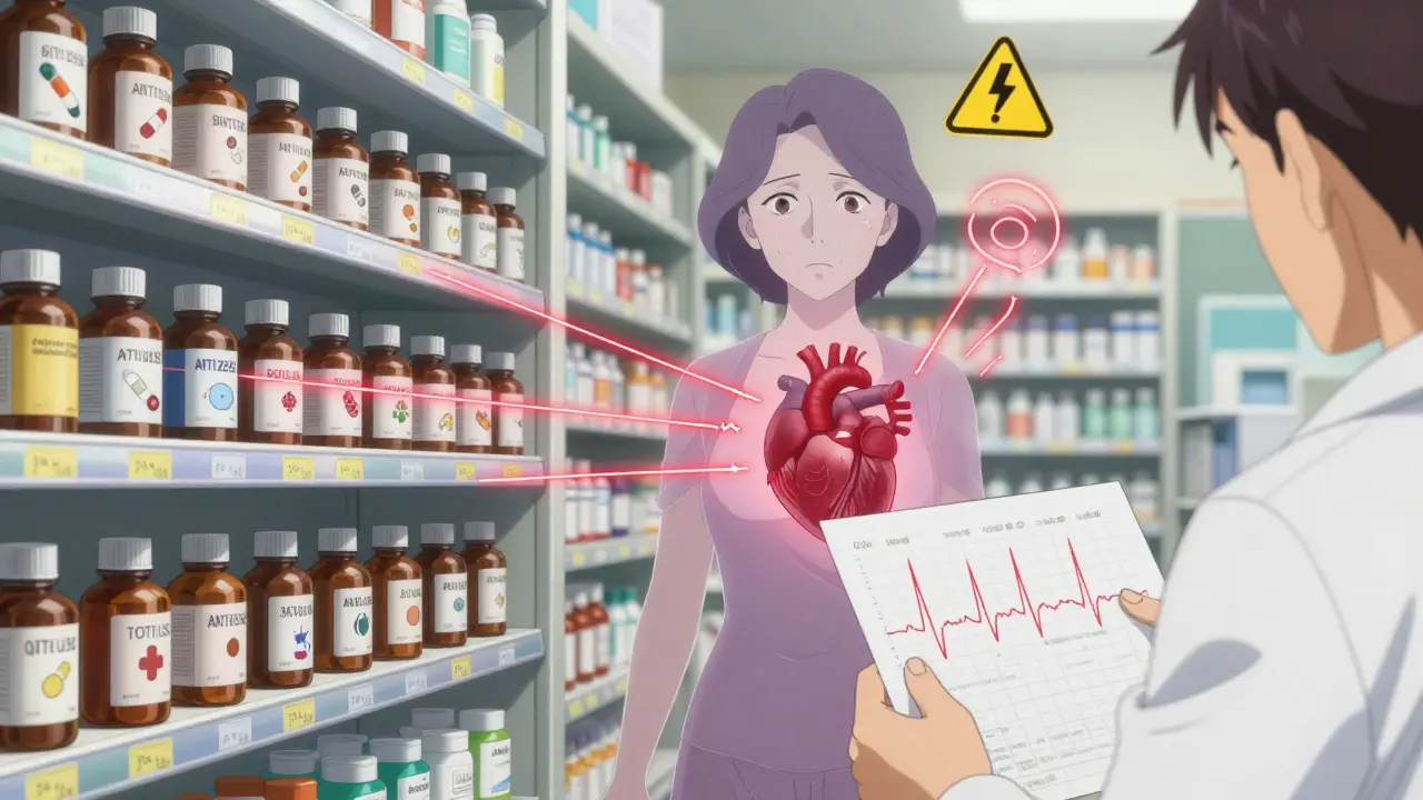 A woman surrounded by medication bottles emitting red lines toward her heart, with an ECG warning above her.