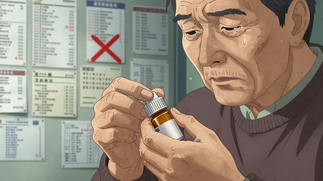 An elderly man's trembling hands struggling to open a pill bottle, tears reflecting clinical lighting.