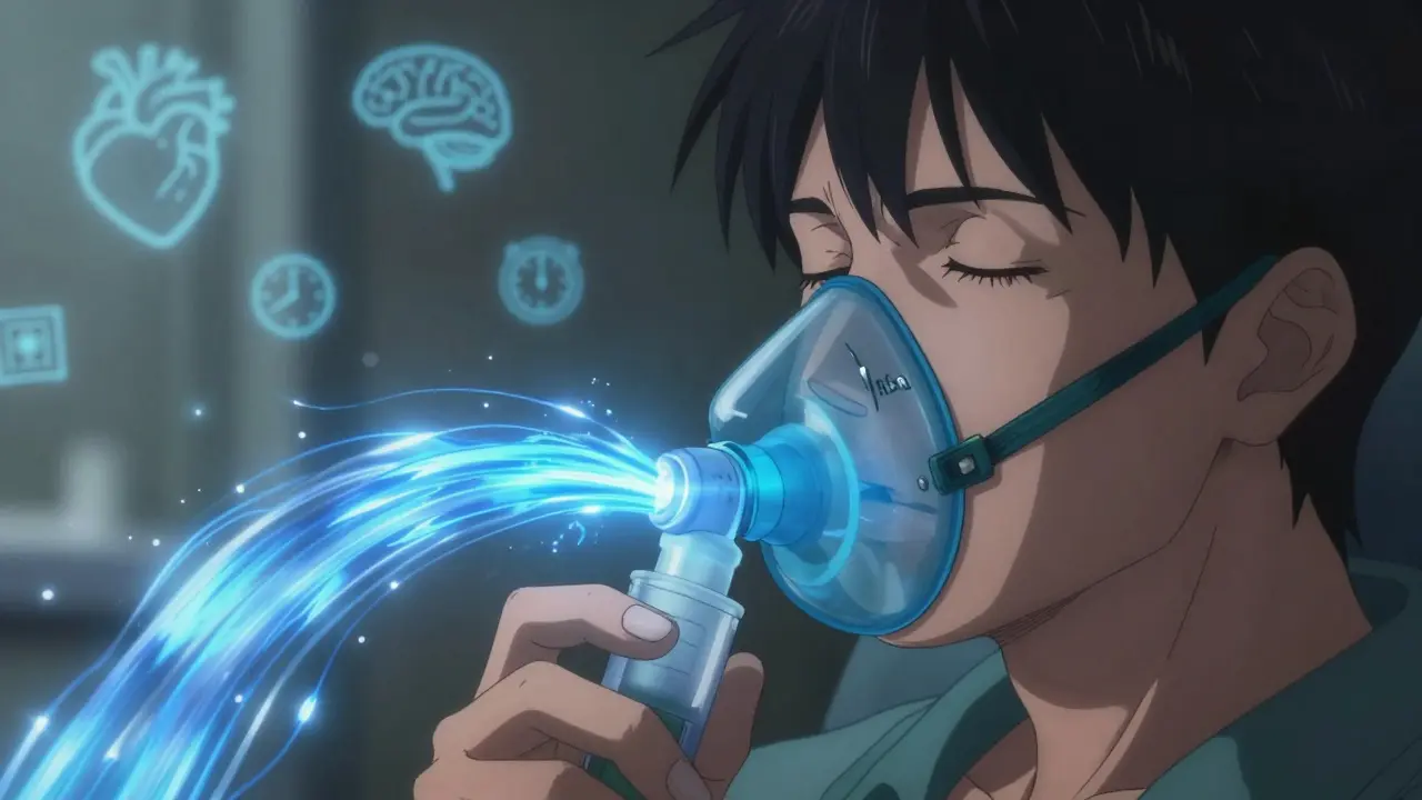 Close-up of hand holding oxygen concentrator with intense blue oxygen flow sealing around face.