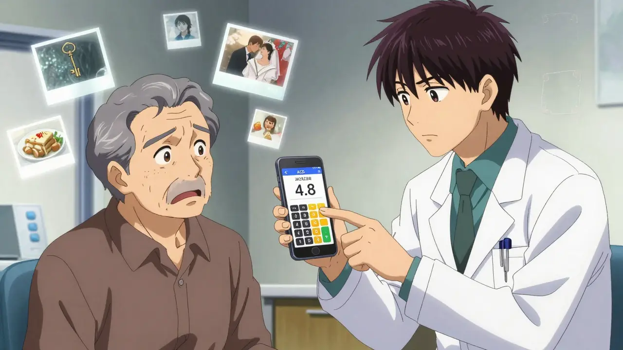 Doctor and patient viewing an ACB Calculator app on a phone, with floating memories reappearing around them.