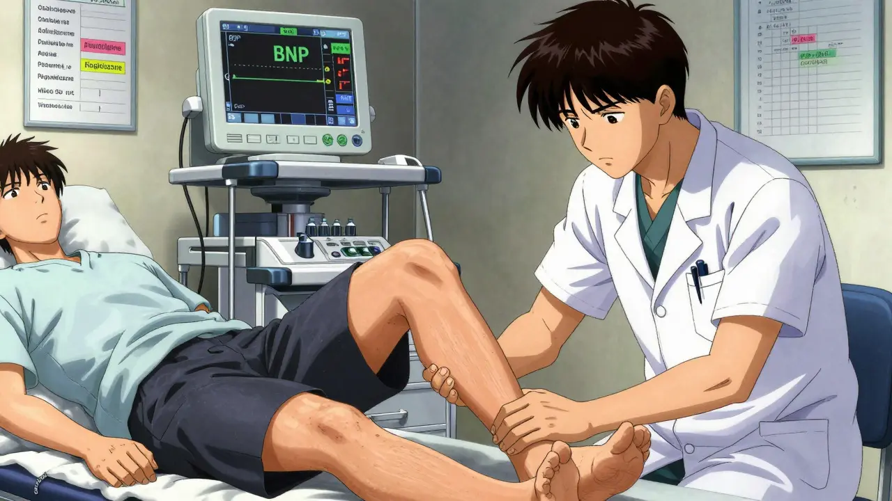 Doctor checking pitting edema in patient's leg with BNP monitor in background
