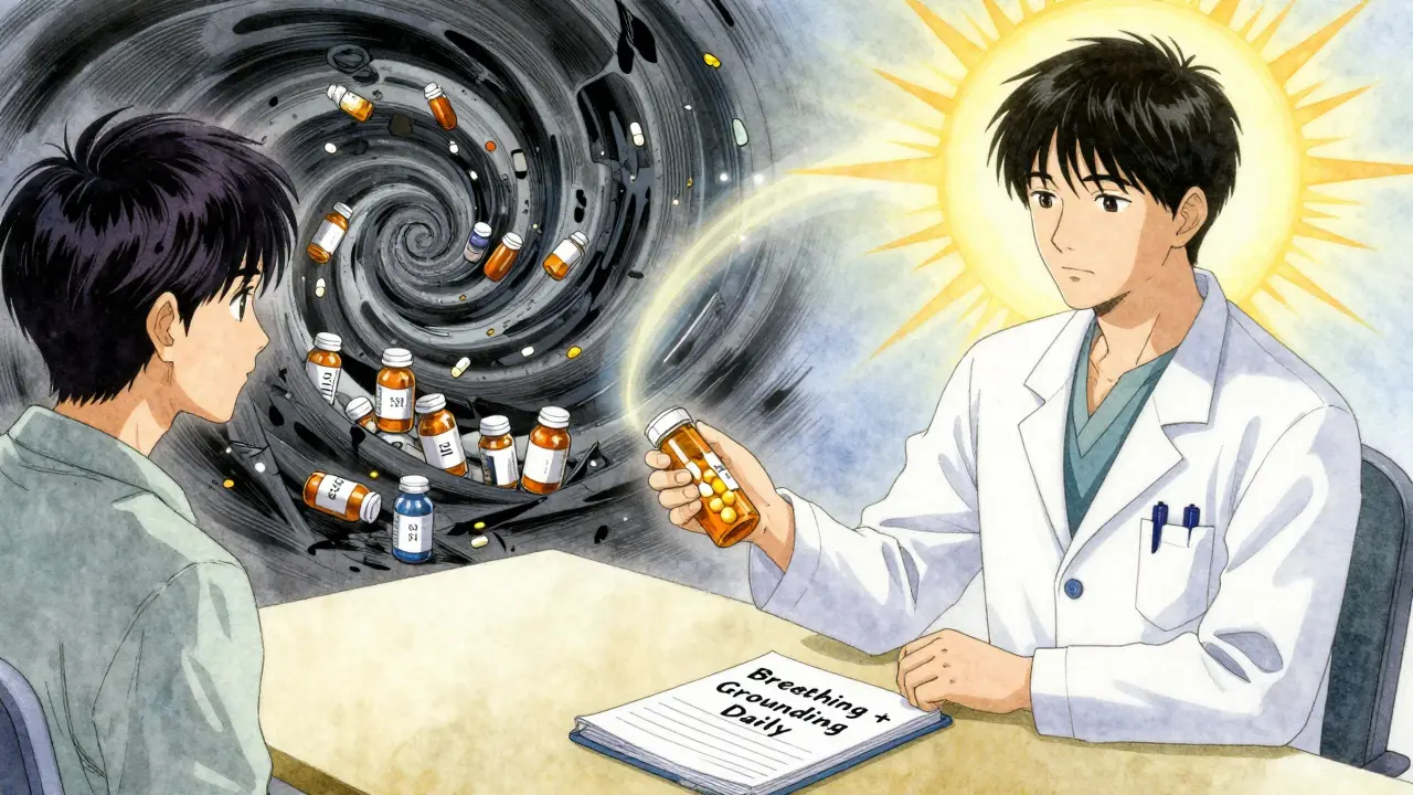 Doctor handing patient pill with contrasting paths of dependence vs. recovery.