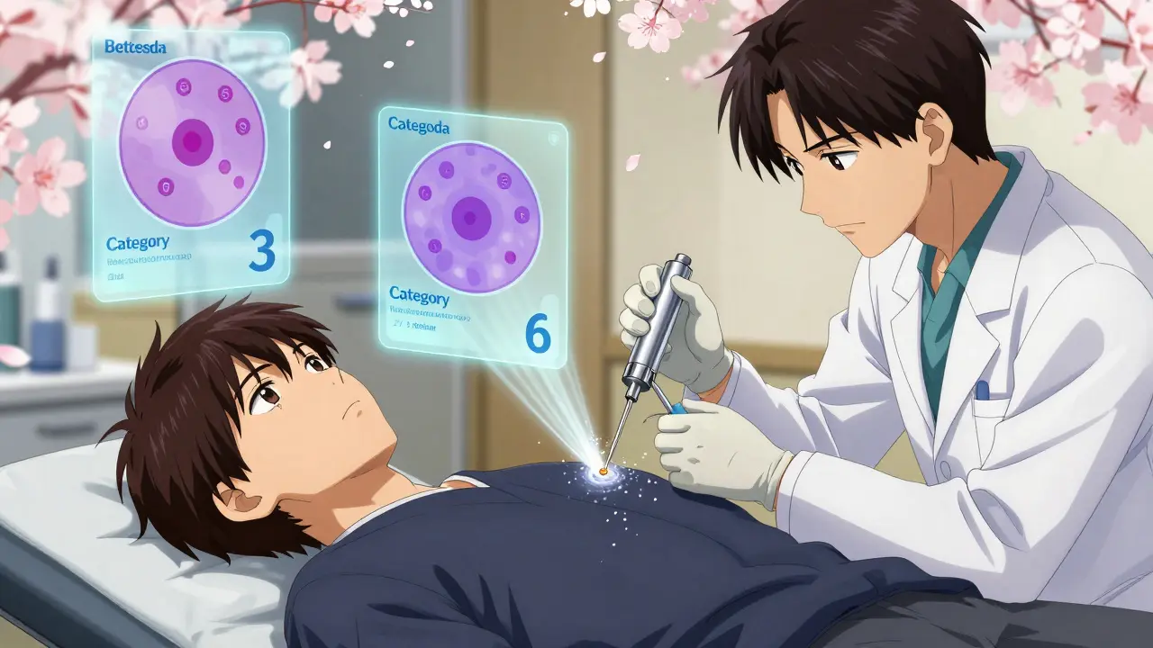 Doctor performing a thyroid biopsy with floating Bethesda system categories displayed as holograms.