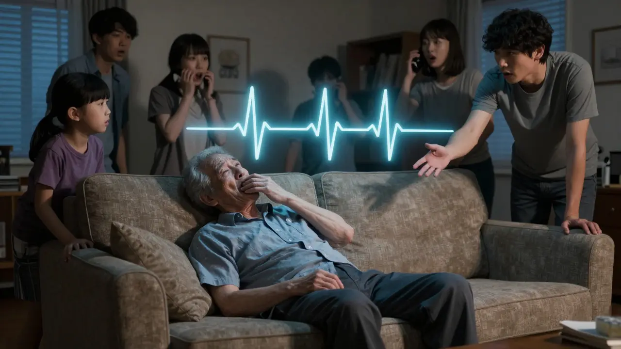 Elderly man on couch, pale and breathless, floating EKG waveform above him as family reacts in panic.