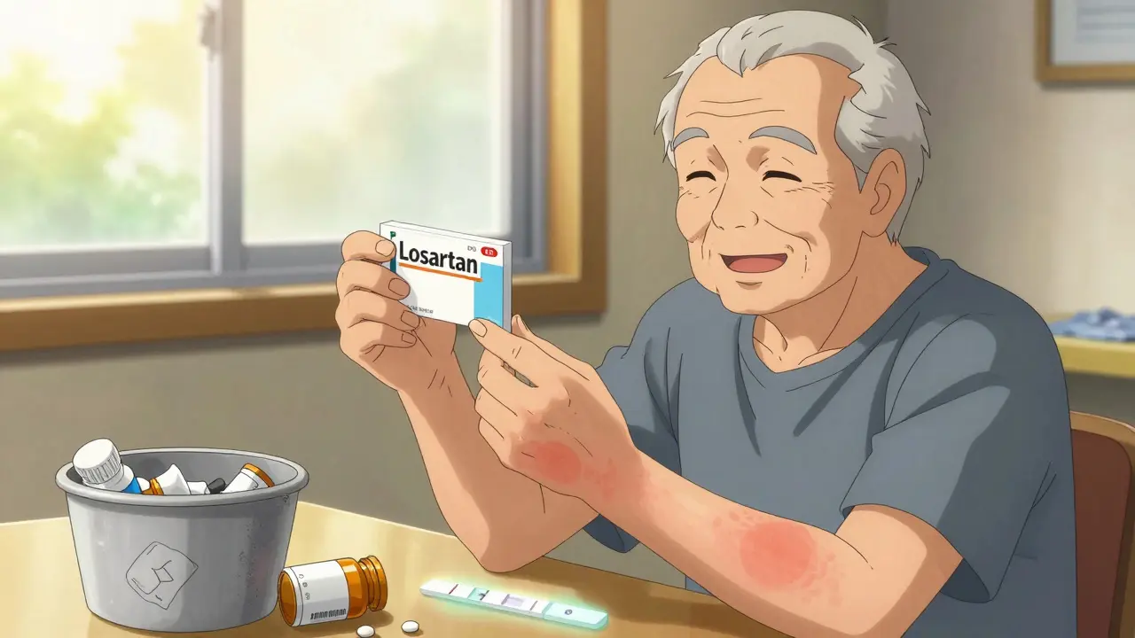 Elderly patient smiling as they hold new safe medication, discarded lupus-triggering pills crushed in bin.