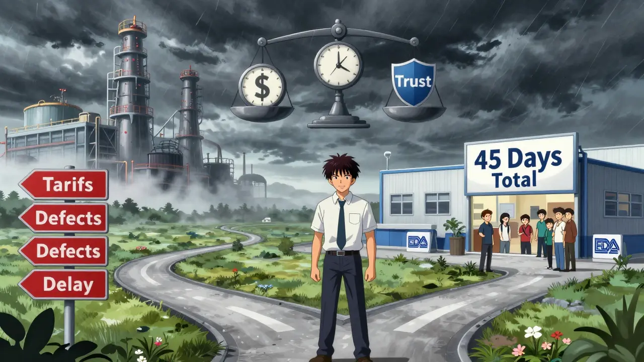 Entrepreneur at crossroads: risky overseas factory vs. reliable domestic facility with trust symbols.