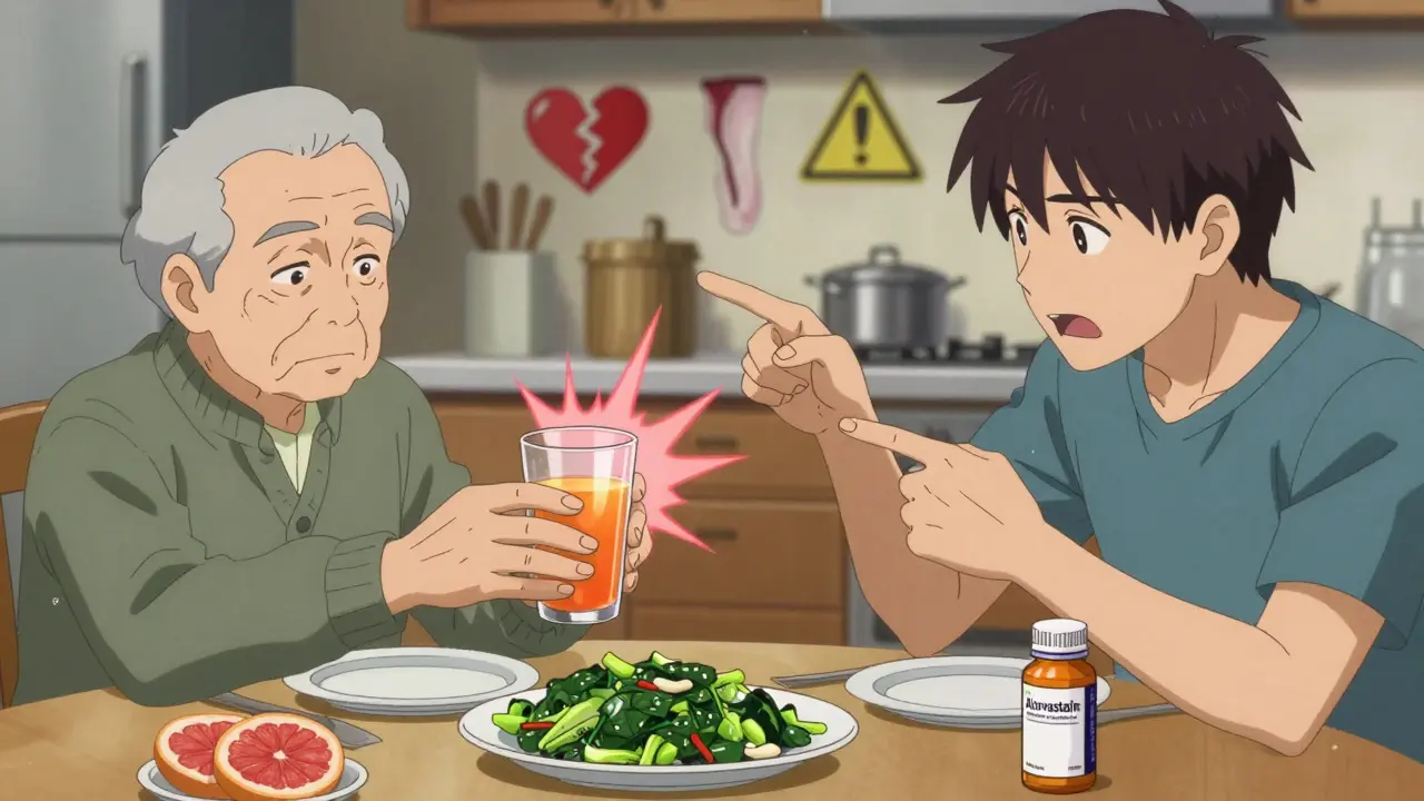Family dinner scene with grapefruit juice and statin pill, red danger aura spreading from juice to medication.