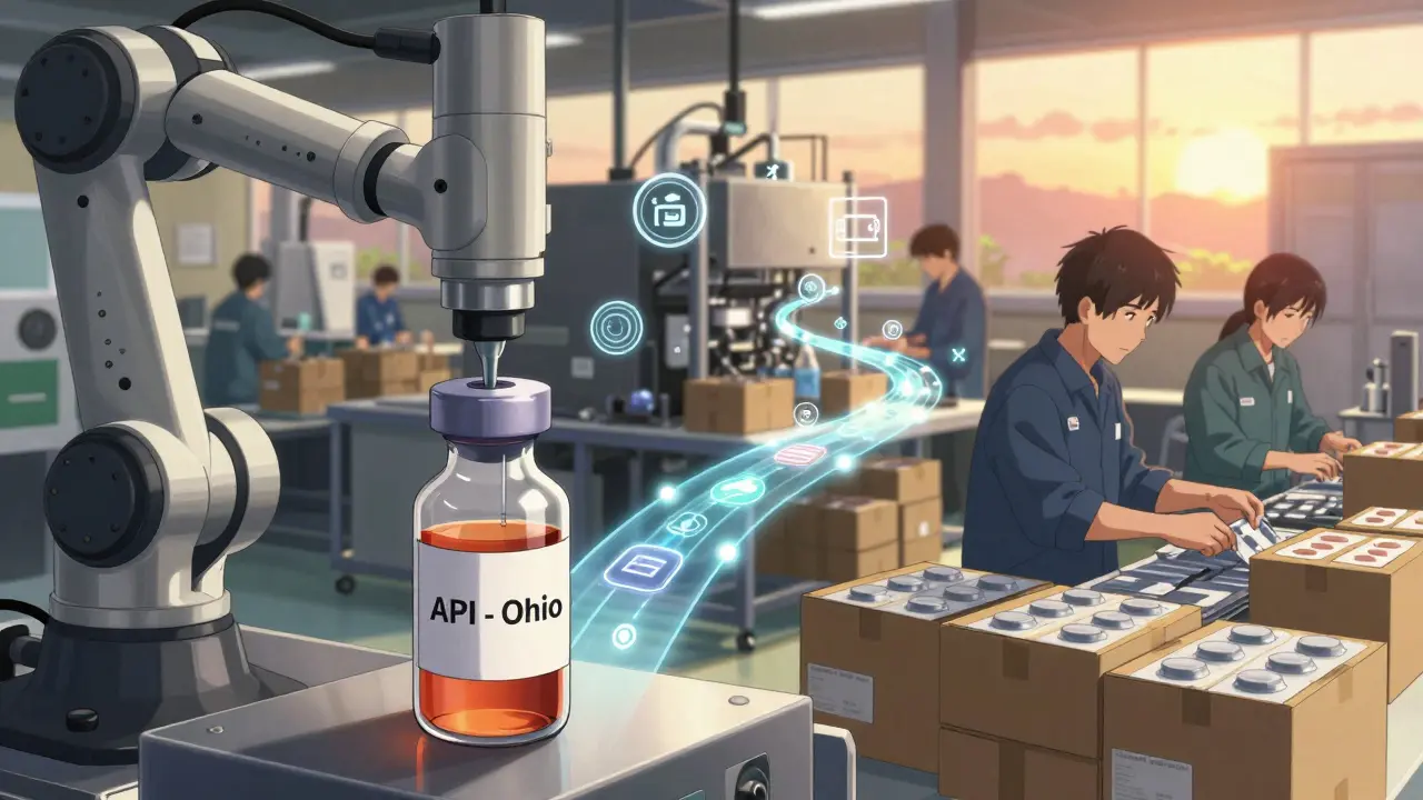 Hybrid manufacturing: U.S. API production connected to Mexican packaging facility with glowing data lines.