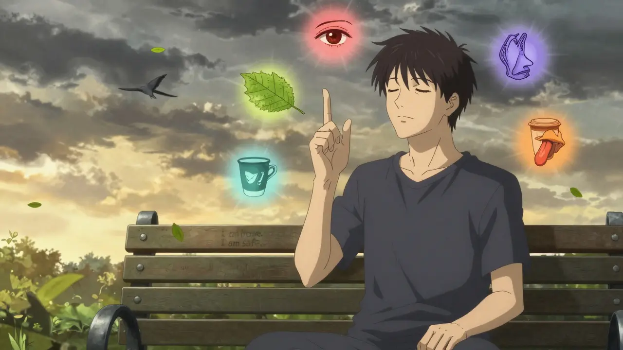 Man grounding himself with sensory objects glowing around him in a park.