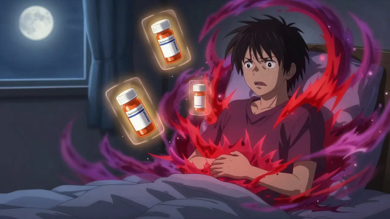 Patient battling nausea with floating antiemetic medications emitting protective shields.