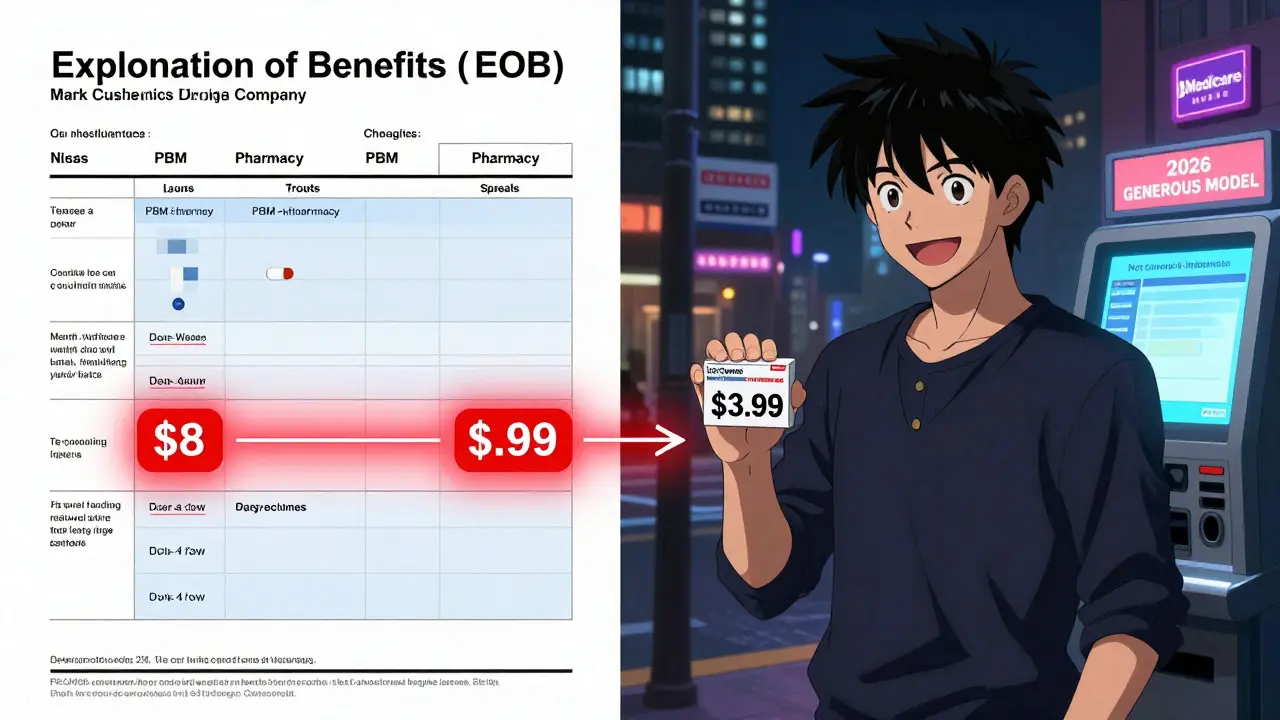 Patient compares insurance EOB showing hidden costs with direct generic purchase at transparent price kiosk.