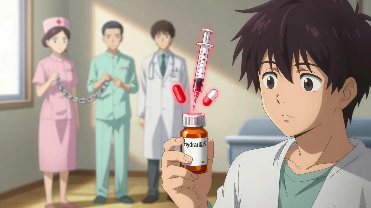 Patient holding a pill bottle with warning symbols floating above it, questioning their medication.