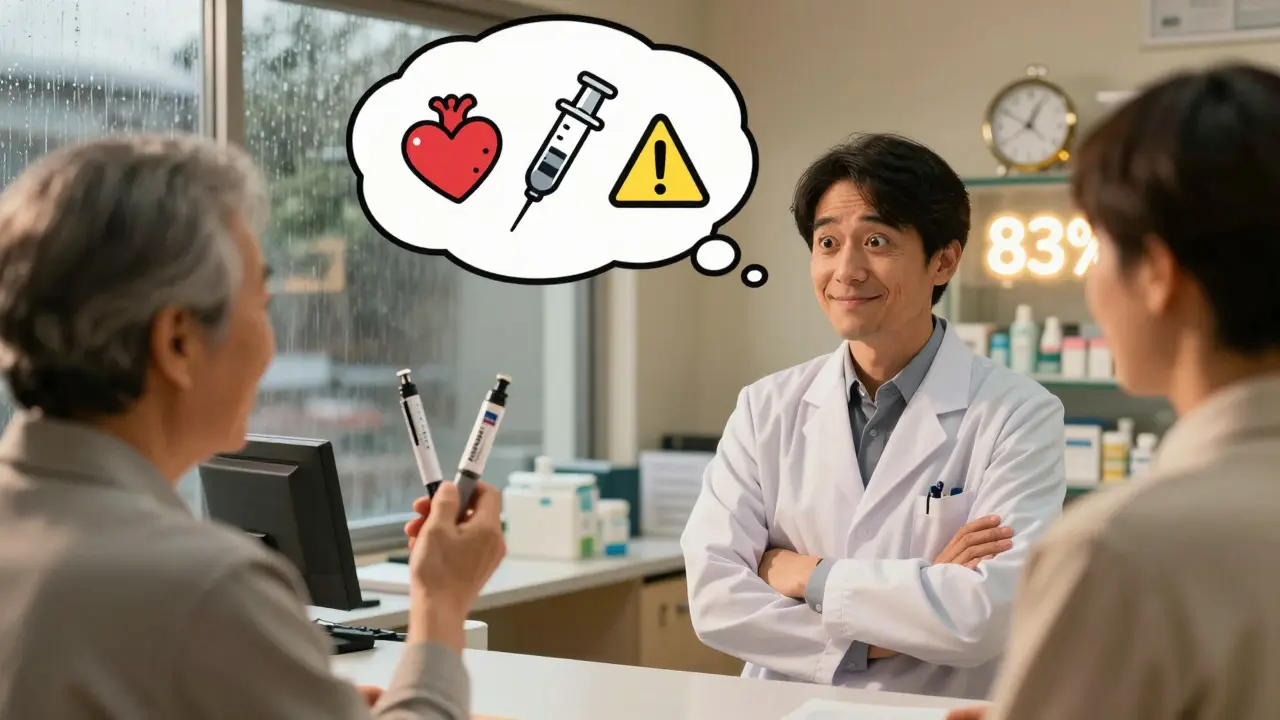 Patient holds two similar insulin pens, realizing one is wrong, pharmacist smiling in relief.